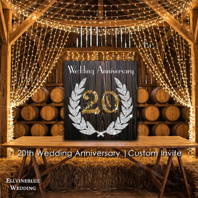 20-årsjubileum | Rustik Trä & Guld Inbjudningar (20th Wedding Anniversary Invite | Rustic Wood & Diamond Laurel. Size: 5.25” x 5.25”)