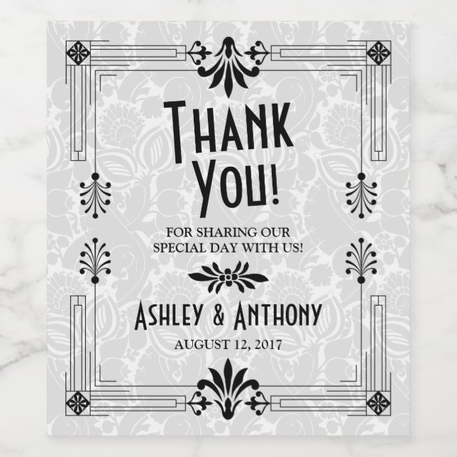 20-årskonst Deco Black White Bröllop Vinflaska Etikett (Singel etikett)