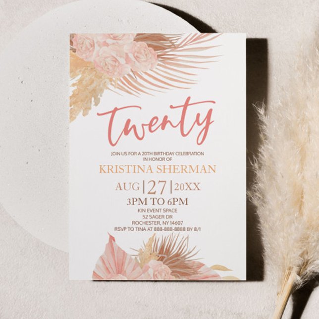 20 Boho Rosa Blommigt blomma 20:e Födelsedagsfeste Inbjudningar (Skapare uppladdad)
