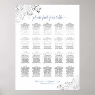 20 Bord Blommig Bröllopsplatskarta Vit & Blå Poster