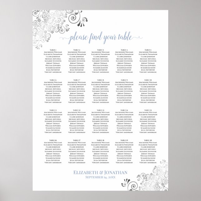 20 Bord Blommig Bröllopsplatskarta Vit & Blå Poster (Framsidan)