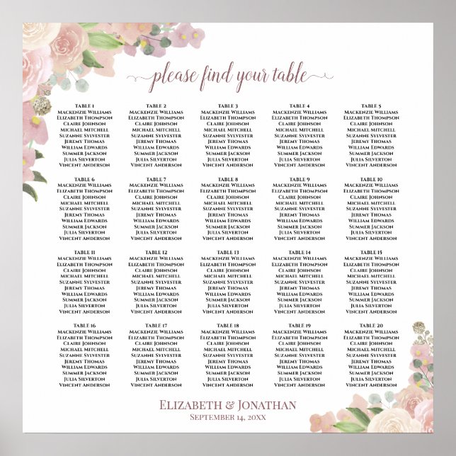20 Bord Dammt Rosa Blommig Bröllopsplatskarta Poster (Framsidan)