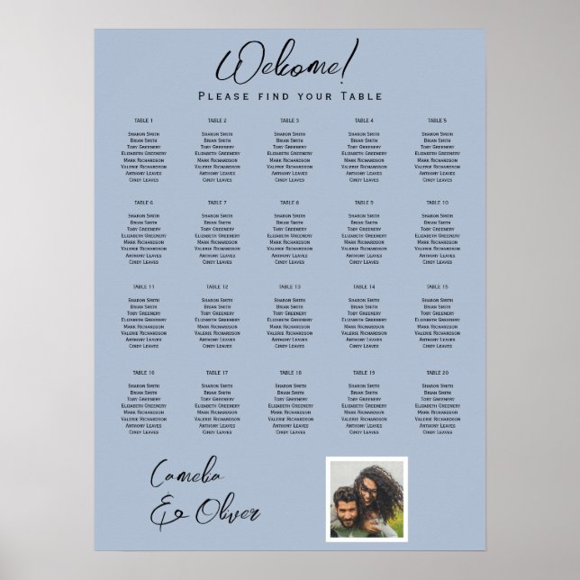 20 Bord Dusty Blue PHOTO SEATING Chart Poster (Framsidan)