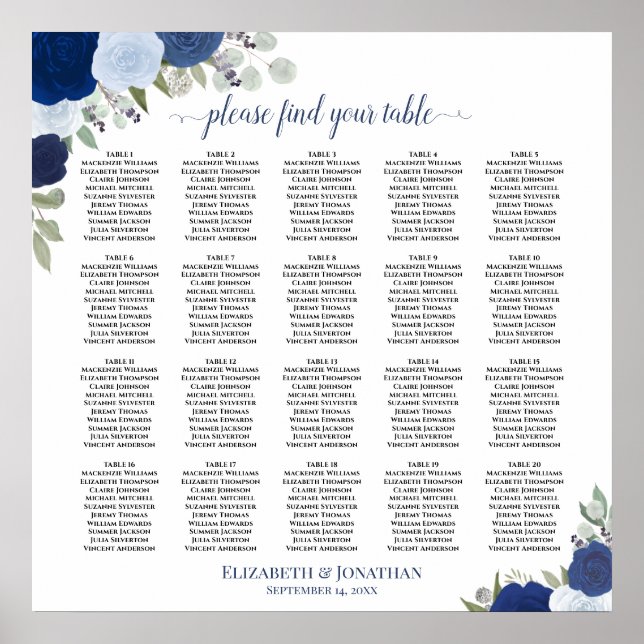 20 Bord Elegant Blå Blommig Bröllopsställningskart Poster (Framsidan)