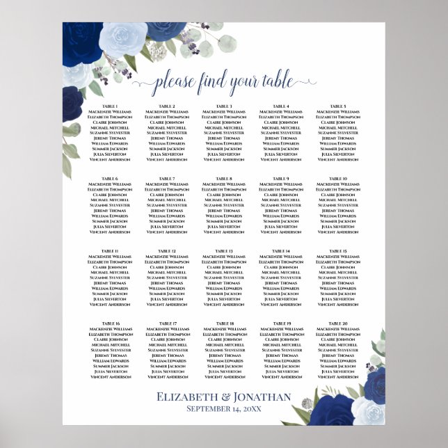20 Bord Elegant Blå Blommig Bröllopsställningskart Poster (Framsidan)