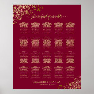 20 Bord Elegant Burgunder & Guld Placeringsplan Poster