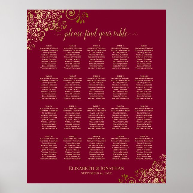 20 Bord Elegant Burgunder & Guld Placeringsplan Poster (Framsidan)