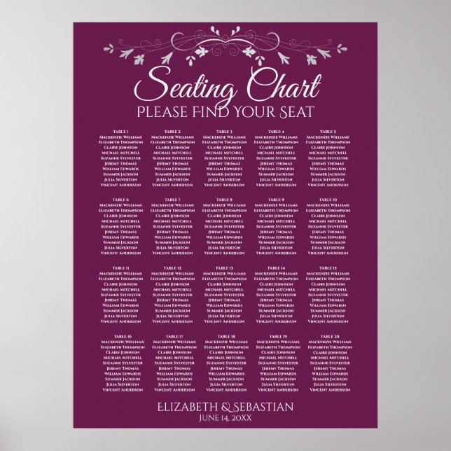 20 Bord Elegant Cassis Bröllop Sittplatsdiagram Poster (Framsidan)