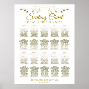 20 Bord Elegant Guld Bröllop, sittplatsplan Poster
