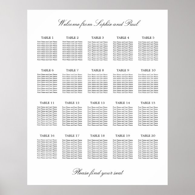 20 Bord Elegant Minimalistisk Placeringsplan Poster (Framsidan)