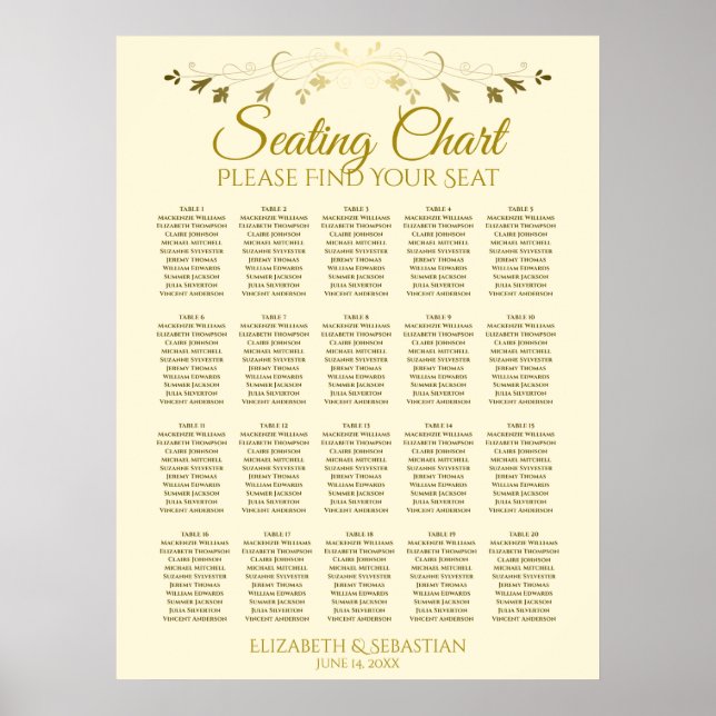 20 Bord Elegant, sätesdiagram för Guld Cream Bröll Poster (Framsidan)