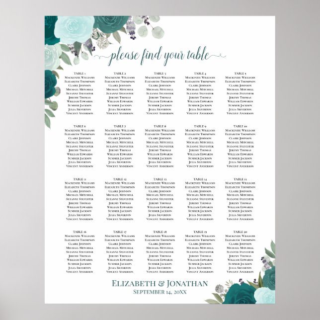 20 Bord Elegant Teal Blommig Bröllops Sittplatskar Poster (Framsidan)