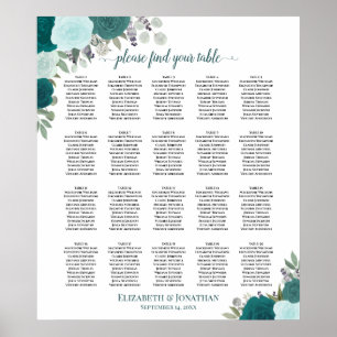 20 Bord Elegant Teal Blommigt Bröllop Sittplatsdia Poster