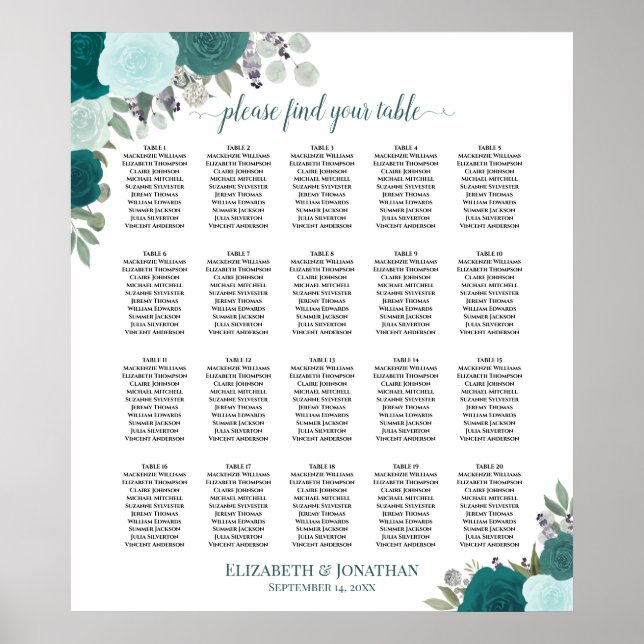 20 Bord Elegant Teal Blommigt Bröllop Sittplatsdia Poster (Framsidan)