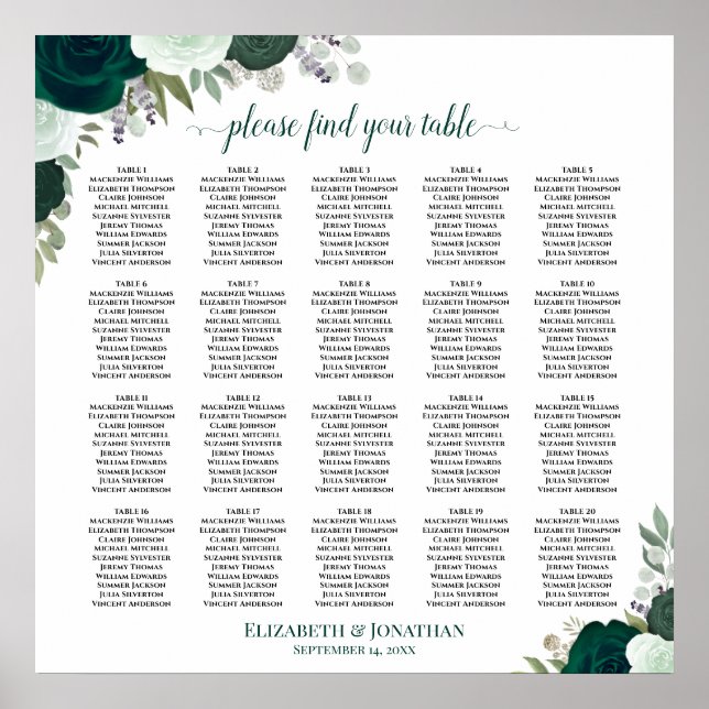 20 Bord Emerald Boho Blommig Bröllopsställning Dia Poster (Framsidan)