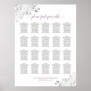 20 Bord Lacy Bröllop Seating Chart White Lavender Poster