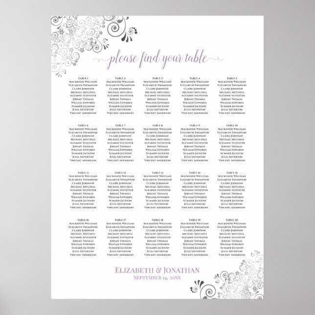 20 Bord Lacy Bröllop Seating Chart White Lavender Poster (Framsidan)