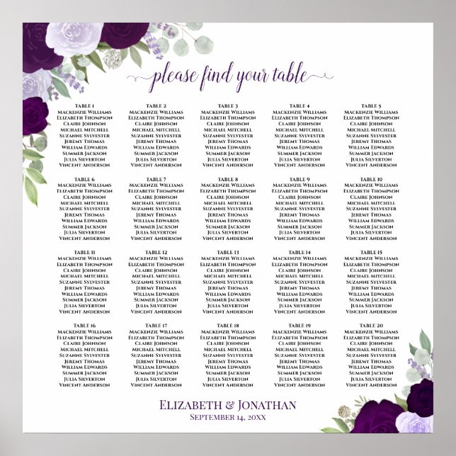 20 Bord Lila Boho Blommig Bröllopsplatskarta Poster (Framsidan)