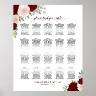 20 Bord Röd & Rosa Blommig Bröllopsplatskarta Poster