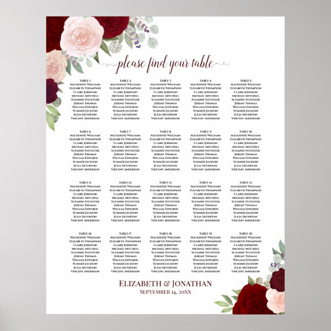 20 Bord Röd & Rosa Blommig Bröllopsplatskarta Poster (Framsidan)