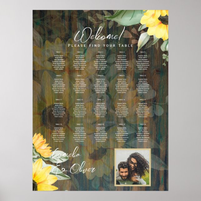 20 Bord Rustic Wood SUNFLOWERS FOTO SEATING Poster (Framsidan)