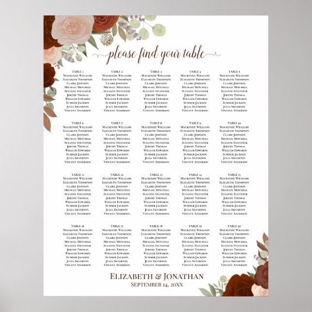 20 Bord Rustika Bröllopsstolar Höstrosor Bordplan Poster (Framsidan)
