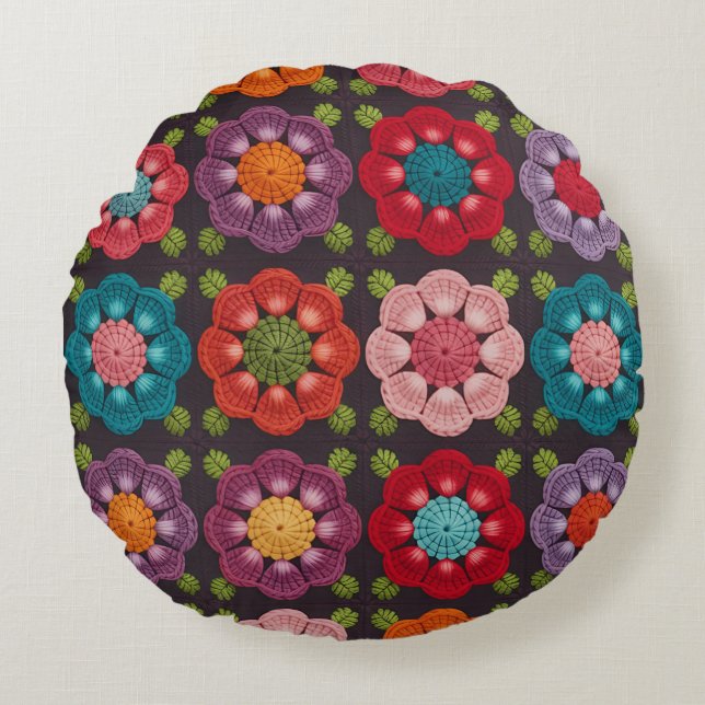  20 Daisy Floral Pattern Pouf - Black Decorative  Rund Kudde (Framsidan)