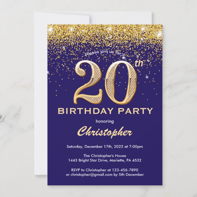 20:e födelsedag Blått och Guld Glitter Konfetti Inbjudningar (Framsida)