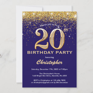 20:e födelsedag Blått och Guld Glitter Konfetti Inbjudningar