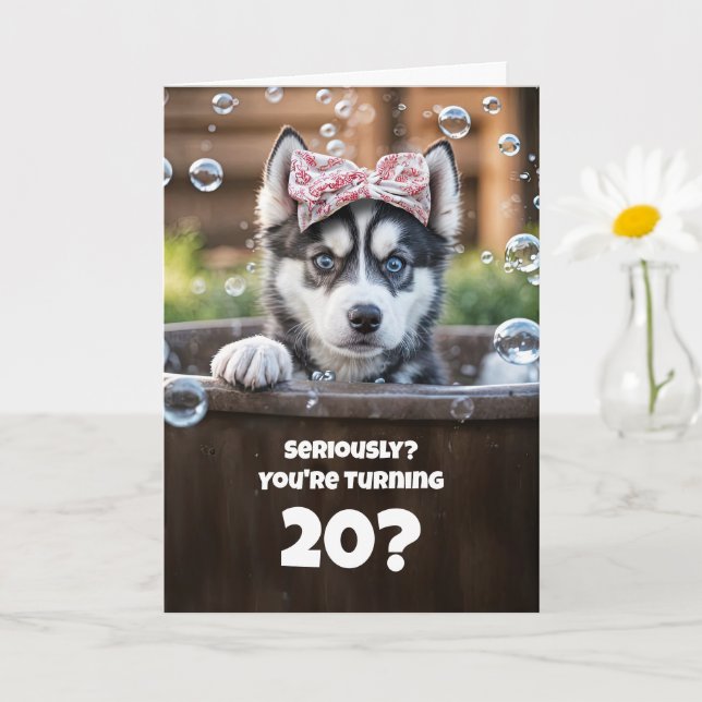 20:e födelsedag Cute Siberian husky Puppy Kort (Liten växt)