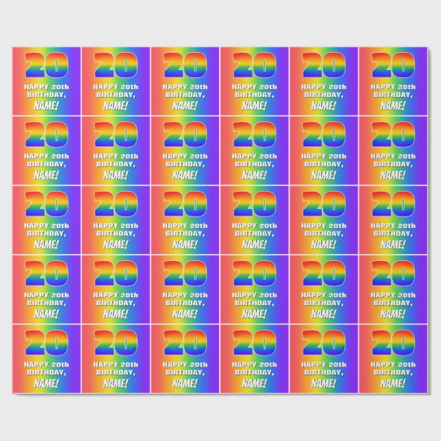 20:e födelsedag: Färgfull, Roligt Rainbow Mönster  Presentpapper (Platt)
