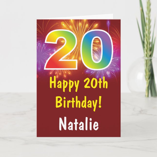 20:e födelsedag Färgfullt regnbåge Fireworks Red Kort (Framsida)