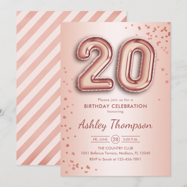 20:e födelsedag - Guld-ballonger i Ro Inbjudningar (Fram/baksida)