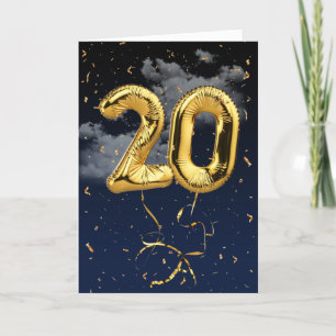20:e födelsedag Guld Mylar Balloon and Confetti Ca Kort