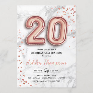 20:e födelsedag - Marble Effect Ro Guld Inbjudningar