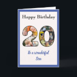 20:e födelsedag: Photo Collage Son Unik Keepsaké Kort<br><div class="desc">Fira din sons 20-årsdag, med ett födelsedagskort som är ett speciellt och unikt fotokollage. Den speciella sonen har 20 år på sitt eget familjefoto. Mallen är designad för dig att redigera "Till en underbar son" till bror, bästa vän eller någon annan du vill ha. Texten på båda sidorna i kortet...</div>