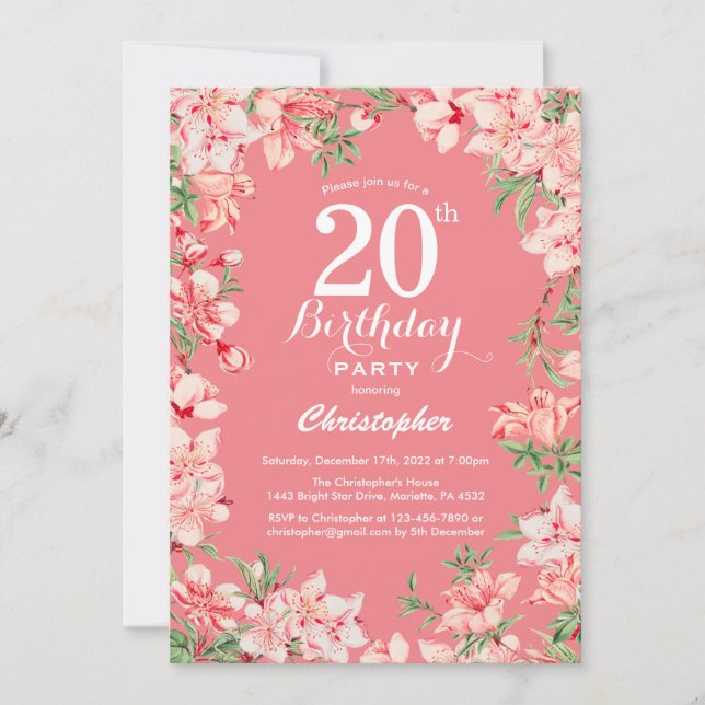 20:e födelsedag Rosa Boho Botanical Blommigt Flowe Inbjudningar (Framsida)