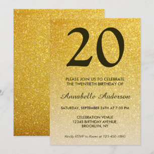20:e födelsedagen Classic Black Guld Glitter Ombre Inbjudningar