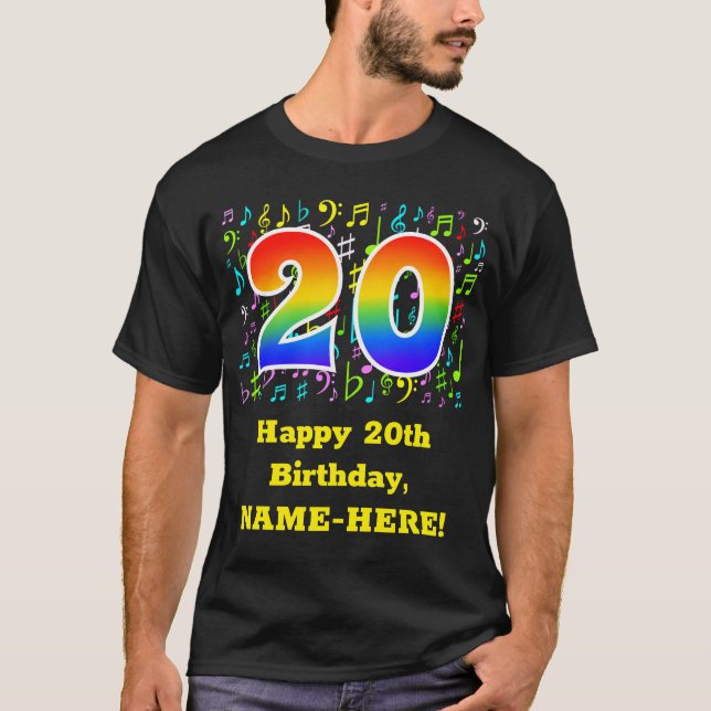 20:e födelsedagen: Colorful Music Symbols, Rainbow T Shirt (Framsida)