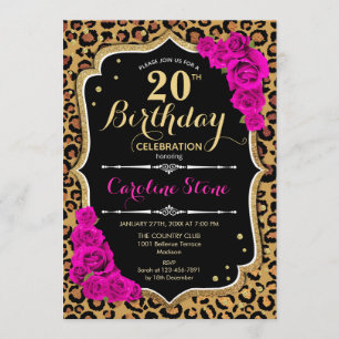 20:e födelsedagen - Rosa ros Leopard Skriv ut Inbjudningar