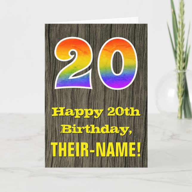 20:e födelsedagen: Rustic Faux Wood look, Rainbow  Kort (Framsida)