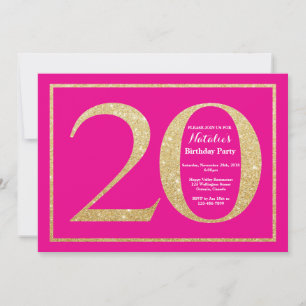 20:e födelsedagen Shock rosa och Guld Glitter Inbjudningar