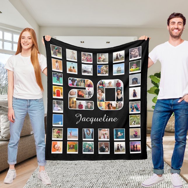 20:e födelsedagsfamiljens fotokollage 49 fotografi fleecefilt (Personalized 20th birthday fleece photo blanket collage held up by 2 people)