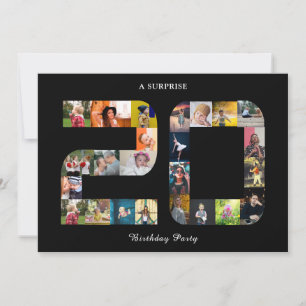20:e Födelsedagsfesten Photo Collage Black White Inbjudningar