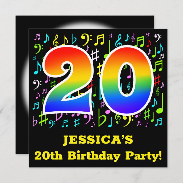 20:e Födelsedagsfesten: Roligt Music Symbols, Rain Inbjudningar (Fram/baksida)