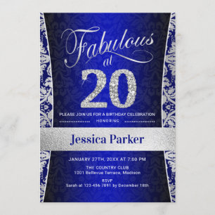 20:e Födelsedagsfesten - Silver Royal Blue Inbjudningar