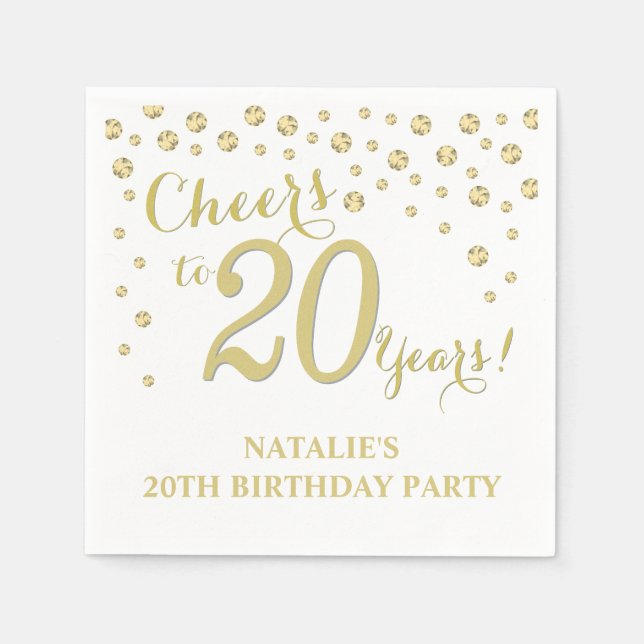 20:e Födelsedagsfesten Vit och Guld Diamond Napkin Pappersservett (Framsidan)