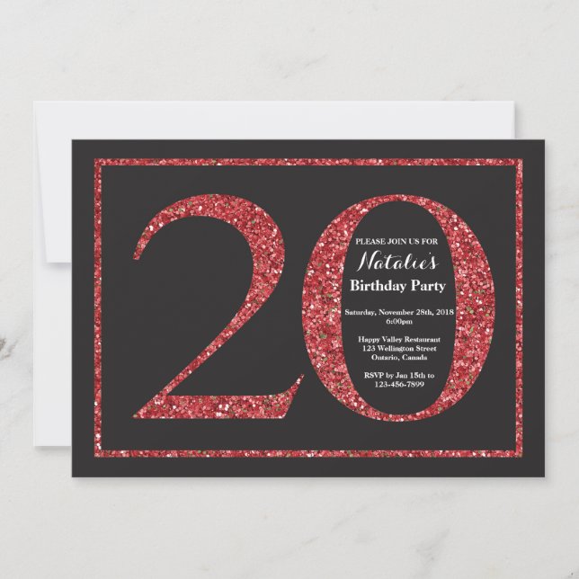 20:e födelsedagsinbjudan Red Glitter Chalkboard Inbjudningar (Framsida)