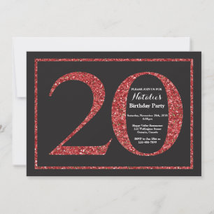 20:e födelsedagsinbjudan Red Glitter Chalkboard Inbjudningar