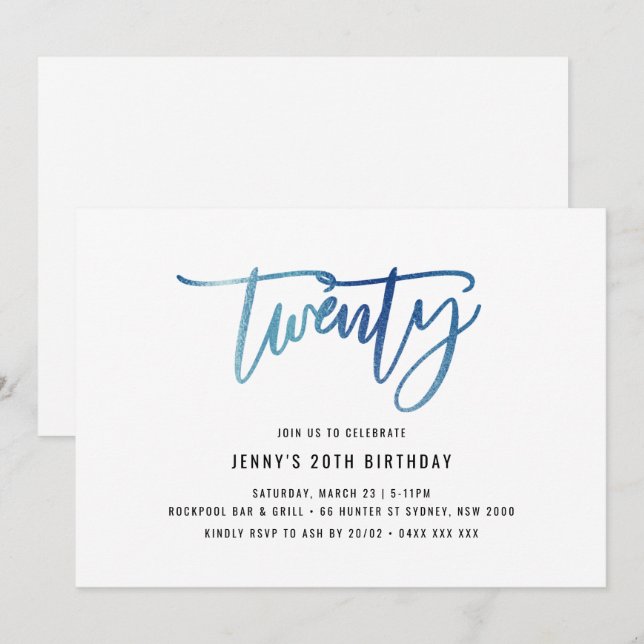 20:e födelsedagsinbjudan till minimalistisk blåfen inbjudningar (Fram/baksida)